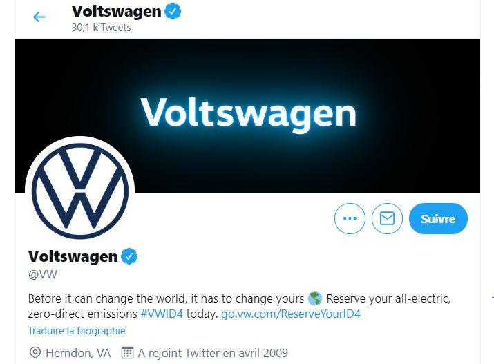 La page Twitter officielle de Volkswagen. [Twitter - Capture d'écran]
