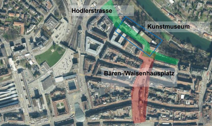 La Ville de Berne souhaite valoriser ce quartier près de la gare et qui s'étend jusqu'à la Waisenhausplatz (en rouge), non loin du Palais fédéral. [VILLE DE BERNE]