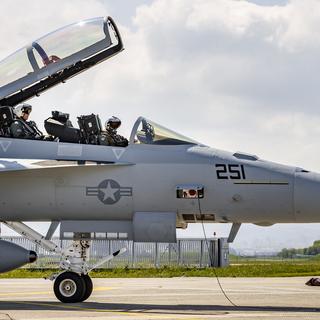 Un F-A-18 Super Hornet fighter jet de Boeing après un test d'évaluation sur la base militaire de Payerne, le 30 avril 2019. [Keystone - Valentin Flauraud]