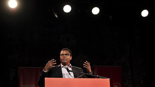 Carl-Alex Ridore, candidat pour le conseil aux etats, parle lors du congres de nomination numerique du Parti socialiste fribourgeois le mercredi 26 mai 2021 a Bulle. (KEYSTONE/Jean-Christophe Bott) [KEYSTONE - JEAN-CHRISTOPHE BOTT]