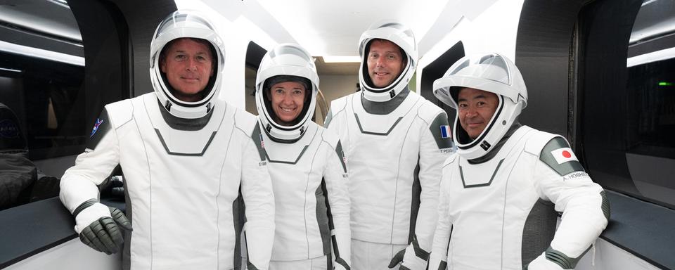 Shane Kimbrough, Megan McArthur, Thomas Pesquet et Akihiko Hoshide avant leur décollage vers l'ISS. [Keystone - SpaceX via AP]