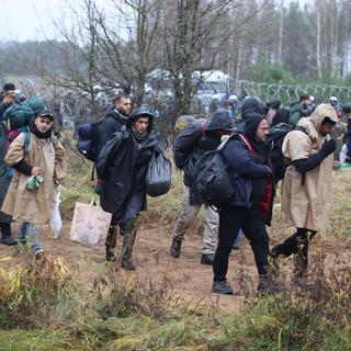 Plusieurs migrants à la frontière entre la Biélorussie et la Pologne dans la région de Grodno, le 8 novembre 2021. [Reuters - Leonid Scheglov]