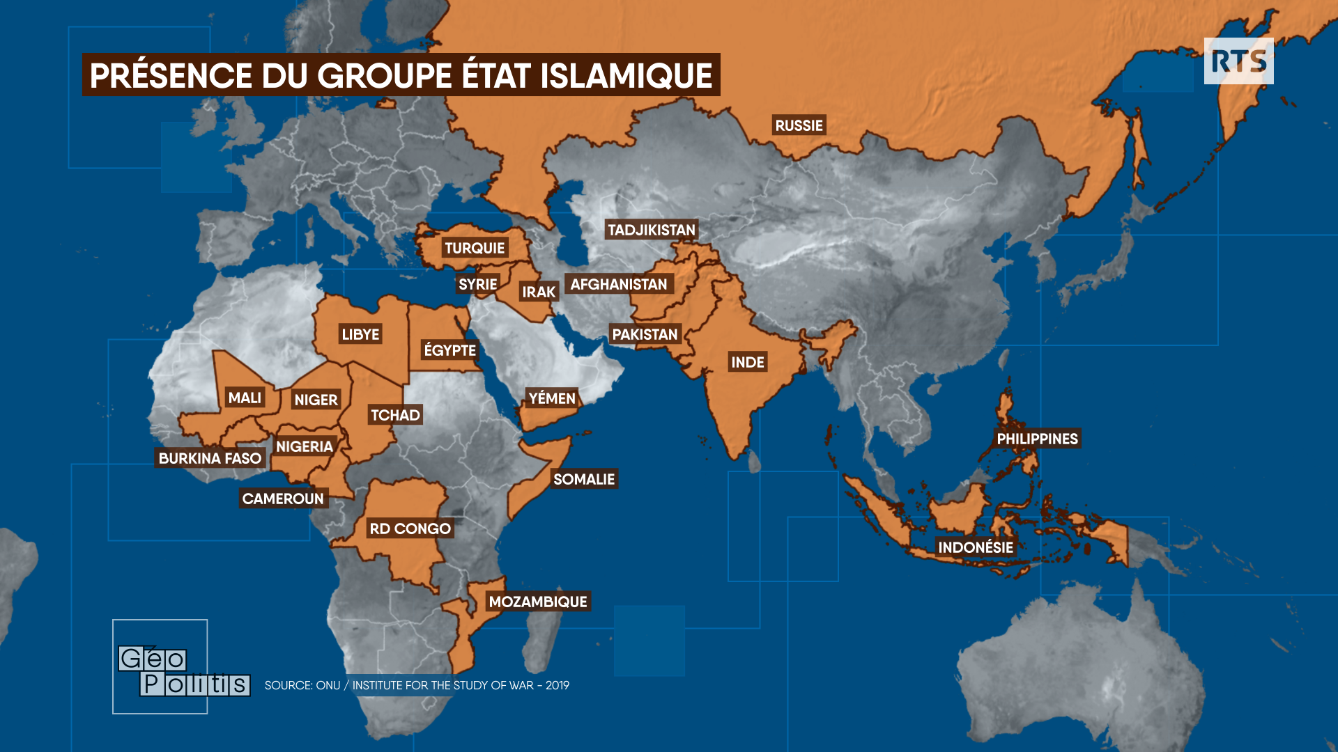 Présence du groupe État islamique dans le monde. [RTS - Géopolitis]