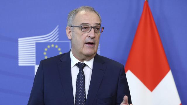 Le président de la Confédération Guy Parmelin lors de sa visite à Bruxelles en avril 2021. [Keystone - Francois Walschaerts]