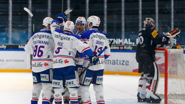 Les Zurichois se congratulent devant le portier fribourgeois Reto Berra. [Estelle Vagne]