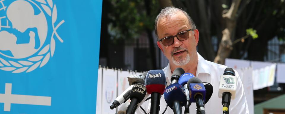 Ted Chaiban, directeur régional de l'Unicef, lors d'une conférence de presse à Beyrouth, 03.09.2021. [EPA/Keystone - Nabil Mounzer]