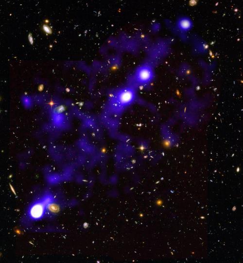 Un des filaments d'hydrogène (en bleu) dans le champ ultra-profond de Hubble. Il est situé dans la constellation du Fourneau, à 11,5 milliards d'années-lumière et s'étend sur plus de 15 millions d'années-lumière. L'image en arrière plan est celle de Hubble. [UNIGE - Roland Bacon]
