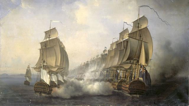 La Bataille de Gondelour par Auguste Jugelet (1805 - 1874). Cet affrontement entre les marines française et britannique a eu lieu le 20 juin 1783 durant la guerre d'indépendance des États-Unis, près de Gondelour au large de la côte Carnatique au sud de l'Inde. [Auguste Jugelet]