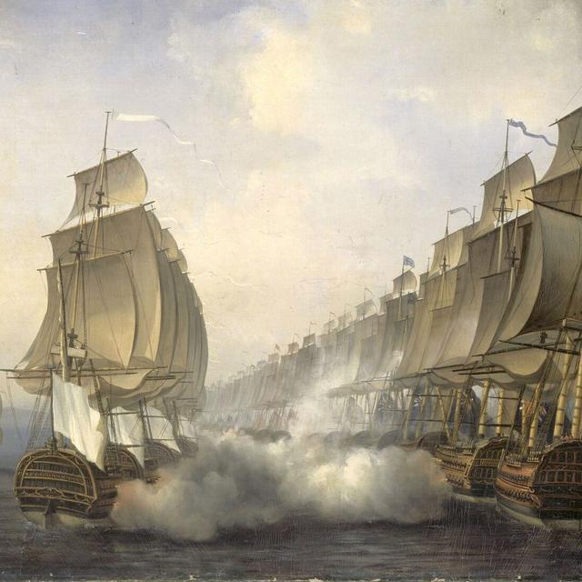 La Bataille de Gondelour par Auguste Jugelet (1805 - 1874). Cet affrontement entre les marines française et britannique a eu lieu le 20 juin 1783 durant la guerre d'indépendance des États-Unis, près de Gondelour au large de la côte Carnatique au sud de l'Inde. [Auguste Jugelet]