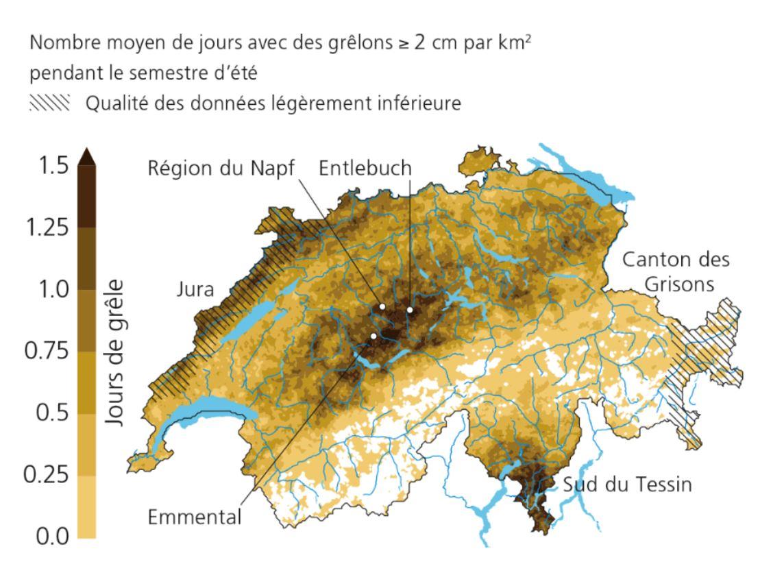 La carte de la taille des grêlons en Suisse. [www.nccs.admin.ch]