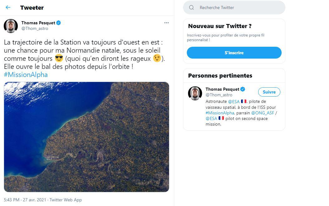 Le Tweet de Thomas Pesquet publié le 27 avril 2021.Thomas PesquetTwitter [Twitter - Thomas Pesquet]