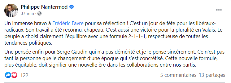 Philippe Nantermod réagit à la réélection de son collègue de parti Frédéric Favre. [Facebook]