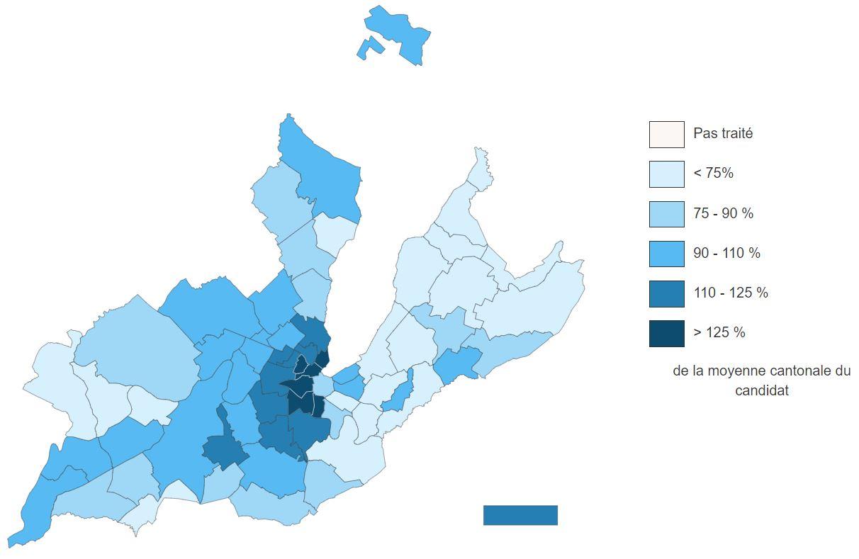 La répartition des suffrages allant à Fabienne Fischer (Les Verts). Le rectangle du bas représente le vote des Suisse.sse.s de l'étranger. [ge.ch - Chancellerie de Genève]