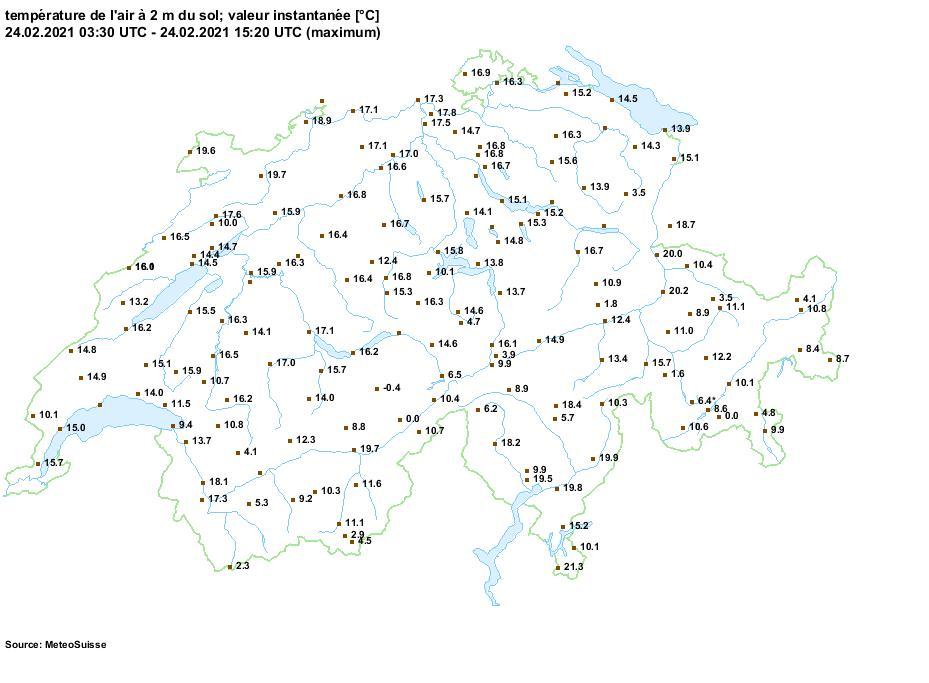 La température de l'air à 2 mètres du sol, en degrés Celsius, de 4h30 à 16h20, le 24 février 2021. [MétéoSuisse]