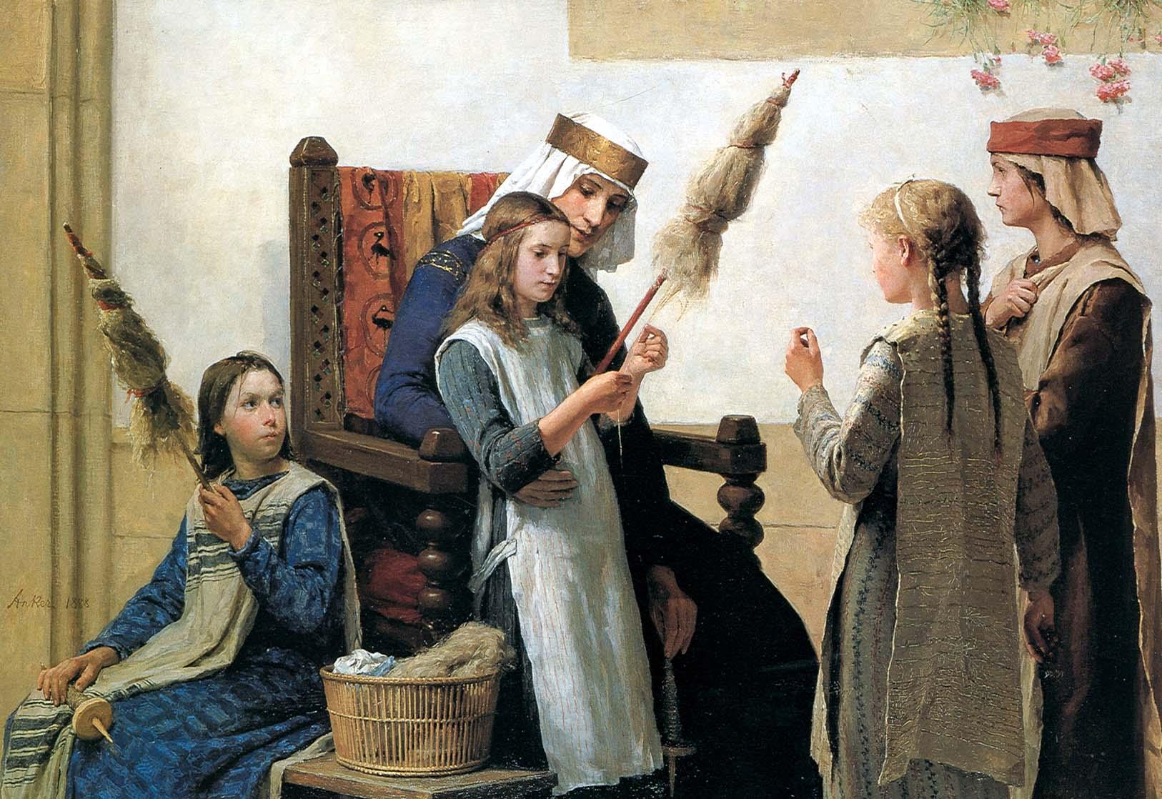 La Reine Berthe et les fileuses, tableau d'Albert Anker, 1888. [Musée cantonal des Beaux-Arts de Lausanne - Wikimedia]