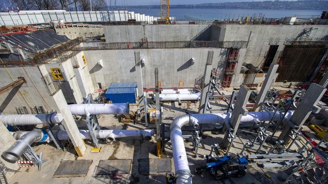 Les chantiers de la station de pompage du Vengeron qui permettra de développer un réseau thermique dans Genève sur 30 kilomètres. [KEYSTONE - Salvatore Di Nolfi]