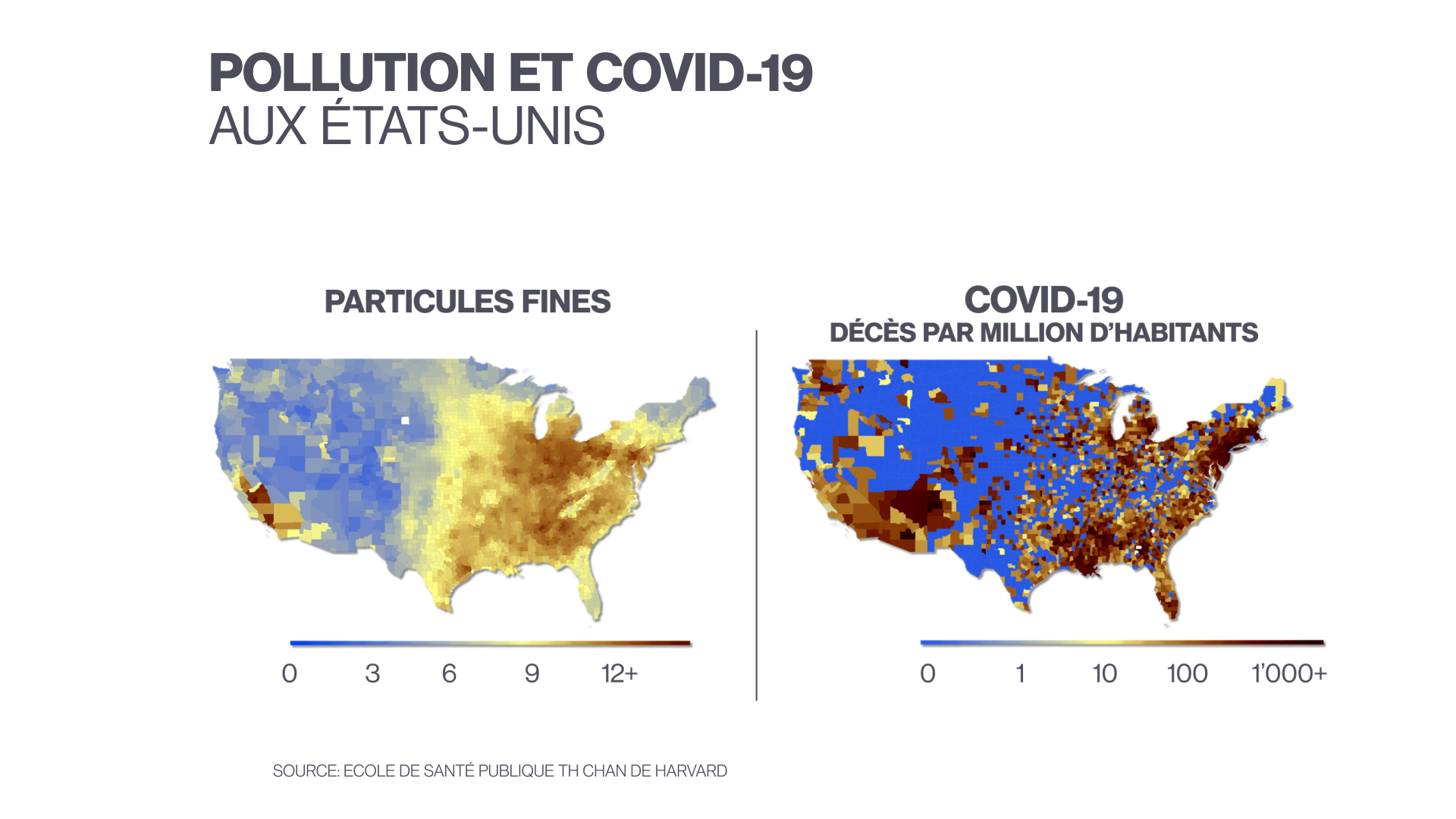 A gauche: moyenne de particules fines (PM 2,5 = 2,5 micromètres) dans les comtés américains entre 2000 et 2016. A droite: nombre de décès du COVID-19 par million d’habitants dans les comtés américains, jusqu'au 18 juin 2020 inclus. [DR - Ecole de santé publique, Harvard]
