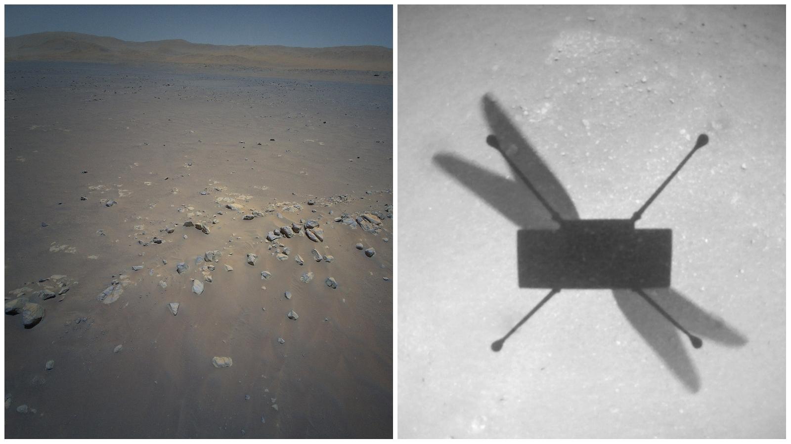 L'hélicoptère Ingenuity a pris l'image de droite avec sa caméra de navigation et l'image de gauche avec sa caméra couleur lors de son dixième vol. Planète Mars, le 24 juillet 2021. [NASA - JPL-Caltech]