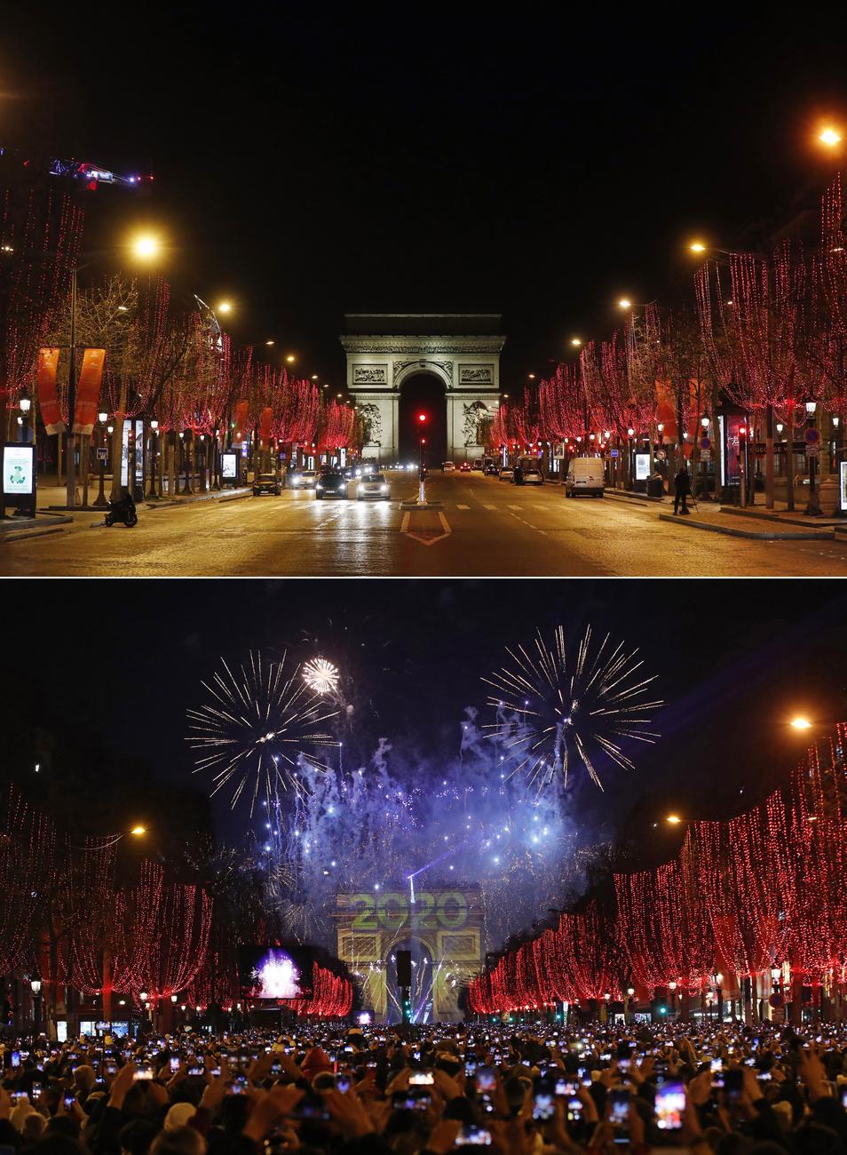 L'avenue des Champs-Elysées à un an d'écart... le passage à l'an 2021 s'est fait sans personne (en haut). En comparaison, la foule de 2020 (en bas). [Keystone/AP photo - Thibault Camus, Christophe Ena]