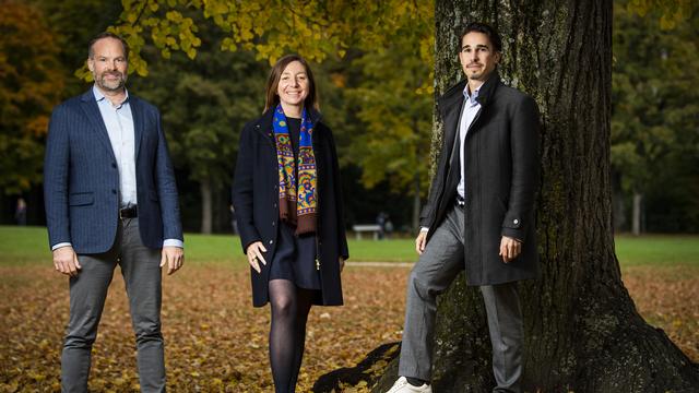 Les candidats Verts à Lausanne Daniel Dubas, Natacha Litzistorf et Xavier Company. [Keystone - Jean-Christophe Bott]