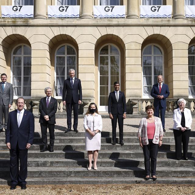 Les ministres des finances du G7 sont réunis en présentiel en juin 2021. [Pool Photo via AP/Keystone - Henry Nicholls]
