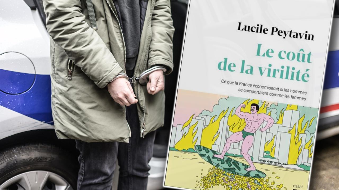 Couverture du livre "Le coût de la virilité, ce que la France économiserait si les hommes se comportaient comme les femmes", de Lucile Peytavin [RTS - AFP et Capture d'écran]