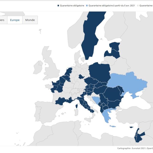 Obligation de quarantaine pour les voyageurs vers la Suisse: la carte de l'OFSP, consultée le 26 mars 2021. [covid19.admin.ch]