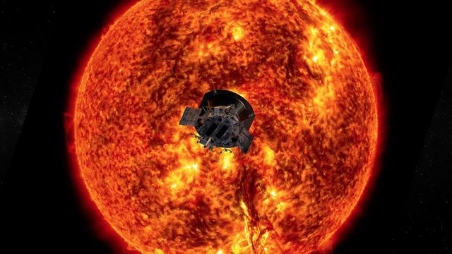 Une vue d'artiste de la sonde Parker fonçant sur le Soleil. [Keystone/epa - NASA/Johns Hopkins APL]