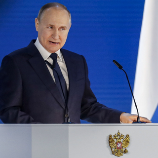 Vladimir Poutine lors de son discours à la Nation, 21.04.2021. [EPA/Keystone - Maxim Shipenkov]
