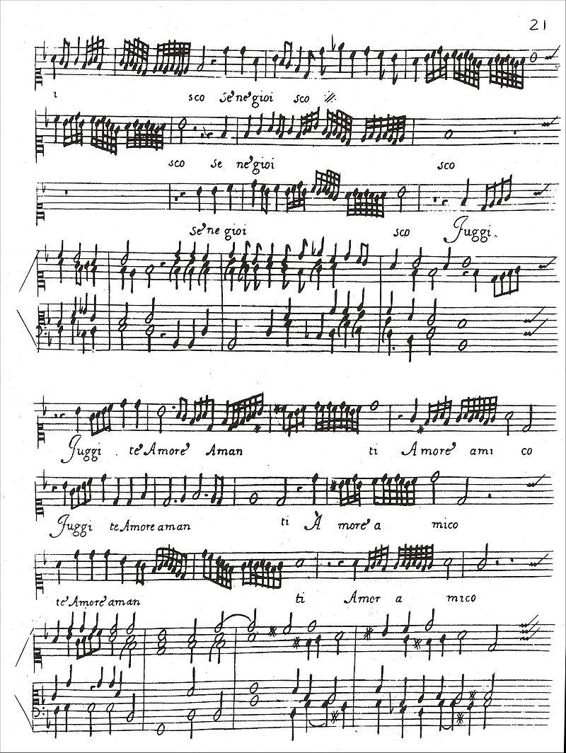 Deuxième page de "O dolcezz'amarissime d'amore" de Luzzaschi montrant des suites de roulades dans les trois lignes de soprano avec accompagnement. La musique est notée avec trois clefs d'ut et montre une prépondérance de triples croches. Les innovations musicales induites par les compositions destinées au Concerto delle donne ont eu une grande importance dans le développement du madrigal. [CC-BY-SA]