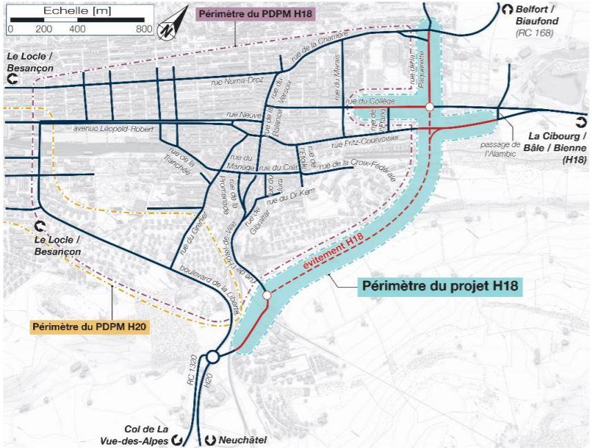 Périmètre du projet de contournement H18 de La Chaux-de-Fonds. [République et Canton de Neuchâtel - Service des ponts et chaussées, dpt du Développement territorial et de l'environnement]