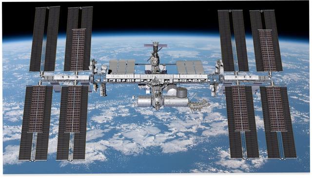 Six panneaux solaires iROSA dans la configuration prévue augmenteront l'énergie tirée des panneaux existants sur la Station spatiale internationale. [NASA - Boeing]