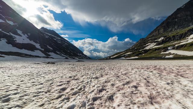 Neige fondante rouge à haute altitude dans les Alpes. [depositphotos - fbxx]