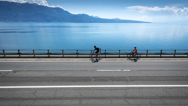 Des cyclistes roulent à vélo sur la route cantonale 9 à Treytorrens en Dezaley dans le Lavaux, le 2 juin 2020. [KEYSTONE - Laurent Gillieron]