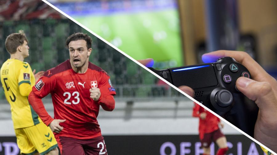 Switzerland's Xherdan Shaqiri, center, celebrates after scoring to 1:0 between Lithuania's Markas Beneta, left, and Martynas Dapkus during the FIFA World Cup Qatar 2022 qualifying Group C soccer match between Switzerland and Lithuania, at the Kybunpark Stadium in St. Gallen, Switzerland, Sunday, March 28, 2021. (KEYSTONE/Ennio Leanza).

Une personne joue a un jeu video lors de la premiere edition de la Baloise International Gaming Show ce vendredi 24 novembre 2017 a Lausanne. L'International Gaming Show, est un nouvel evenement consacre au jeu video, au gaming et au eSport. (KEYSTONE/Jean-Christophe Bott) [KEYSTONE - ENNIO LEANZA / JEAN-CHRISTOPHE BOTT]