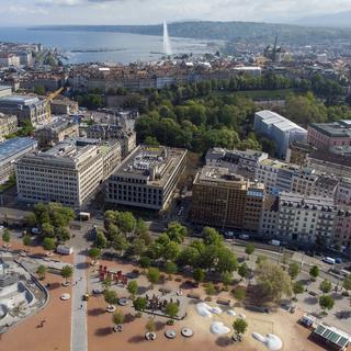 Une vue aérienne de la ville de Genève. [Keystone - Leandre Duggan]