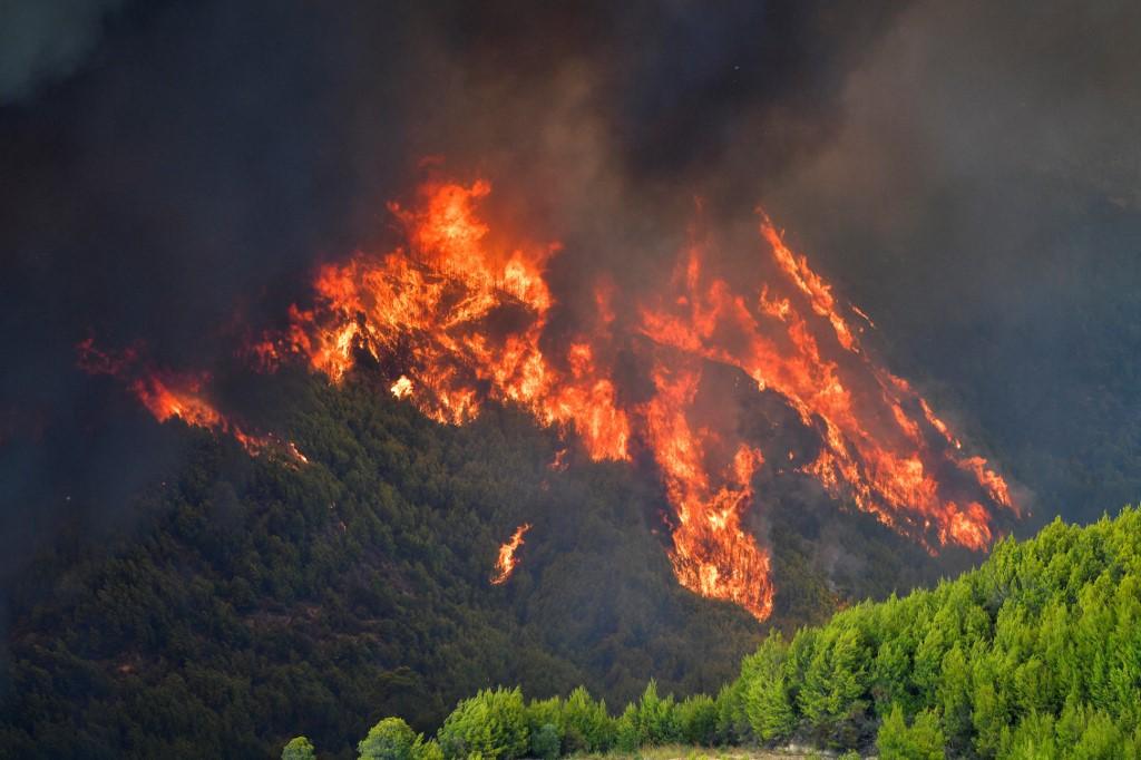 Les flammes dévorent le flanc d'une montagne près du village de Platanos, non loin d'Olympie. [AFP - Eurokinissi]