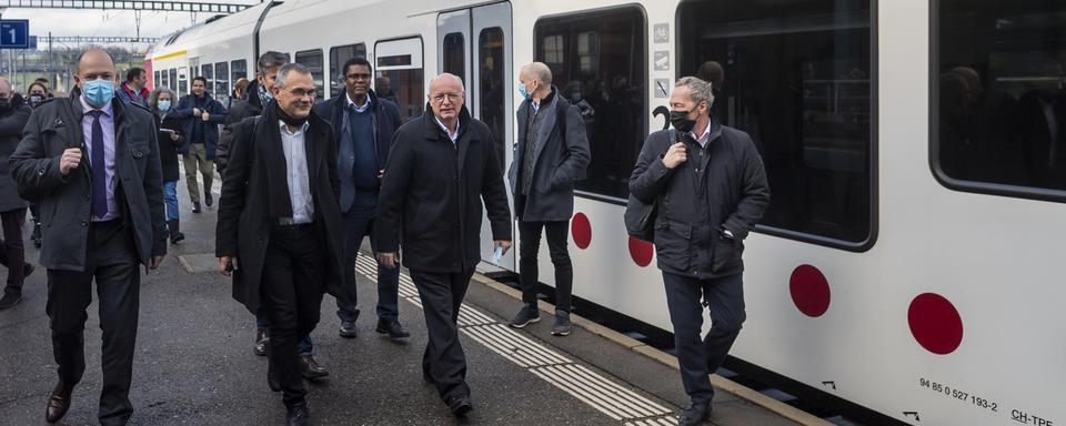 Les dix ans du RER fribourgeois ont été célébrés mercredi 01.12.2021 à Romont. [Keystone - Jean-Christophe Bott]