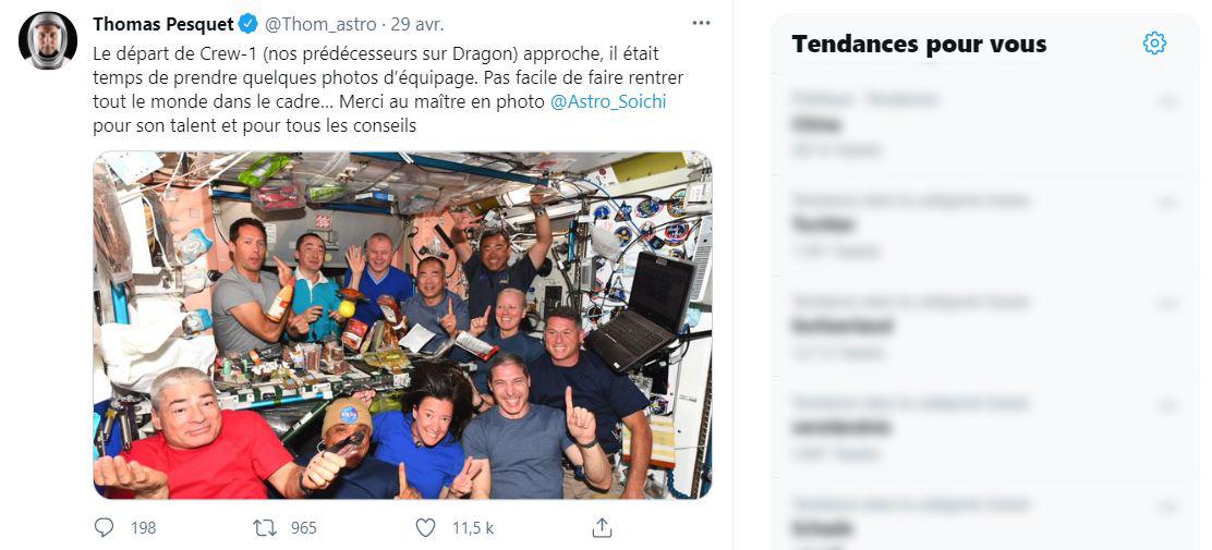 Capture du Tweet de Thomas Pesquet publié le 29 avril 2021.Thomas PesquetTwitter [Twitter - Thomas Pesquet]