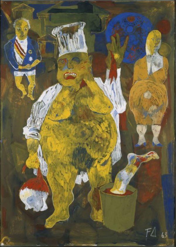 "Le Boucher du monde", gouache de Dürrenmatt. [CDN/Confédération suisse - collection Centre Dürrenmatt Neuchâtel,]