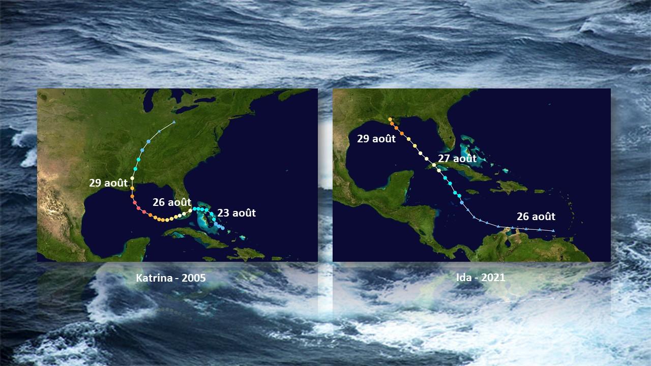 Trajectoire de Katrina en 2005 et d'Ida en 2021 [National Hurricane Center - Miami]