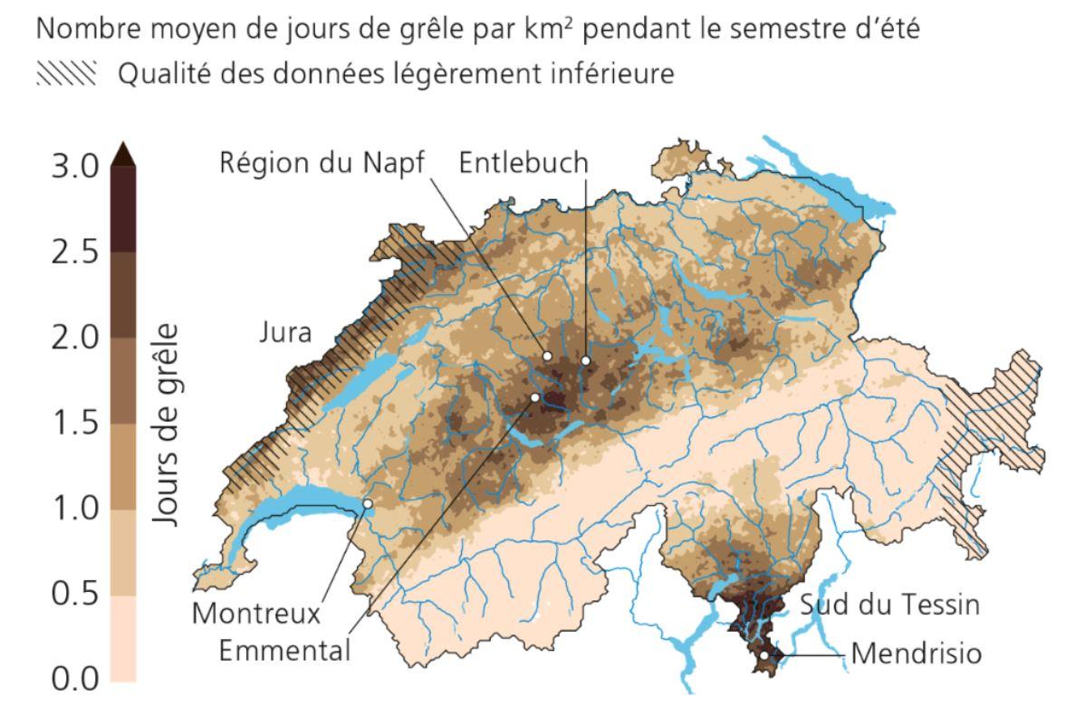 Le nombre moyen de jours de grêle en Suisse. [www.nccs.admin.ch]