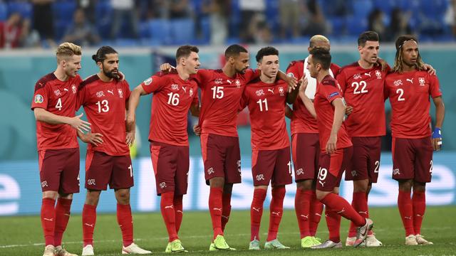 L'équipe de Suisse lors de son match contre l'Espagne, le 2 juillet 2021. [Pool via AP/Keystone - Kirill Kudryavtsev]