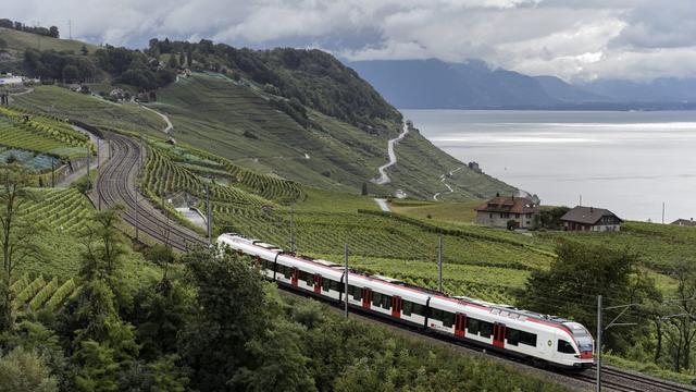 Un train régional roule dans le vignoble de Lavaux, entre Puidoux et Lausanne. [Keystone - Laurent Gillieron]