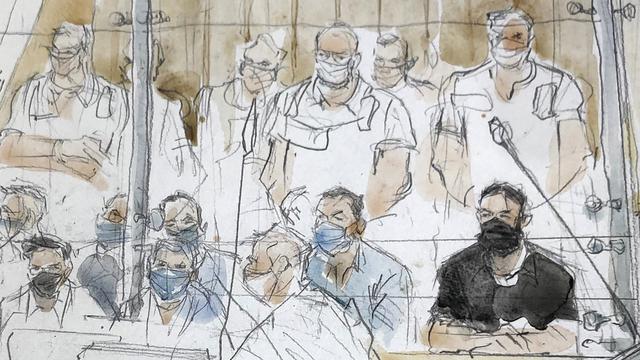 Un dessin montrant Salah Abdeslam au tribunal, à Paris le 8 septembre 2021. [Keystone/AP Photo - Noelle Herrenschmidt]