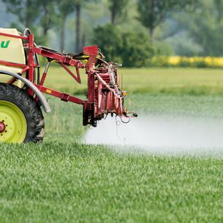 Un tracteur applique des pesticides sur un champ en Allemagne en 2017. [Keystone - Patrick Pleul]