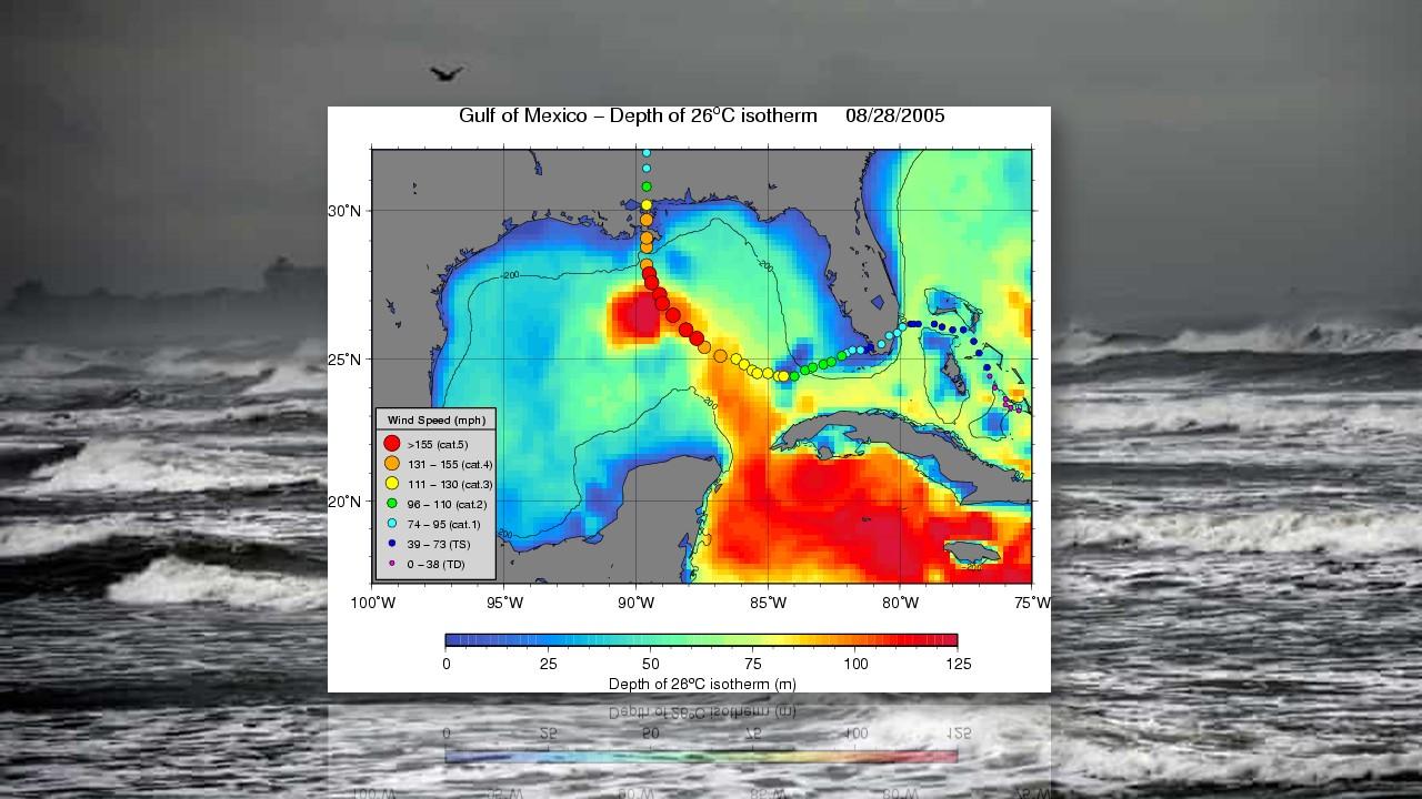 Trajectoire de Katrina en août 2005 et profondeur de l'isotherme 26°C sur le golfe du Mexique [NOAA/ECMWF]