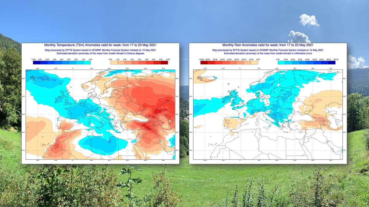 Anomalies de températures (à gauche) et de précipitations (à droite) prévues par le centre européen (ECMWF) du 17 au 23 mai 2021 [ECMWF - Roger Matthias Link]