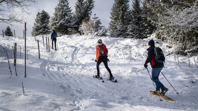 Randonnée en raquettes dans le Jura vaudois. [Keystone - Jean-Christophe Bott]