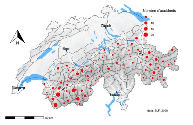 Répartition régionale des accidents mortels d’avalanches ces vingt dernières années. [Institut pour l'étude de la neige et des avalanches SLF]